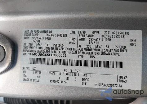 2020 Ford Escape Se from USA, damaged, VIN 1FMCU9G65LUC66669